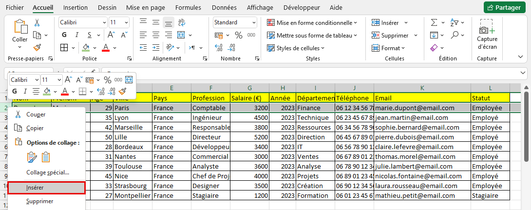 Ajoutez une nouvelle ligne pour la numérotation des colonnes