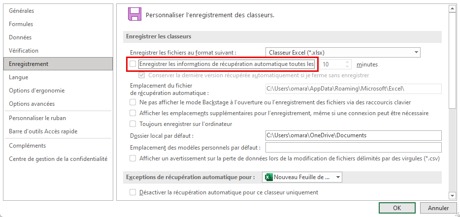 Désactivation de l'enregistrement automatique