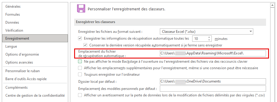 Emplacement du fichier de récupération automatique