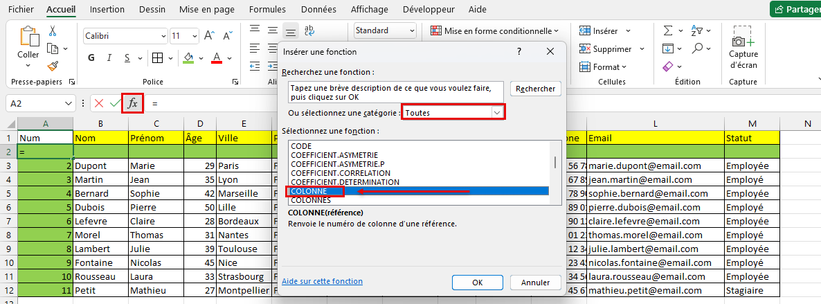 Fonction COLONNE Excel