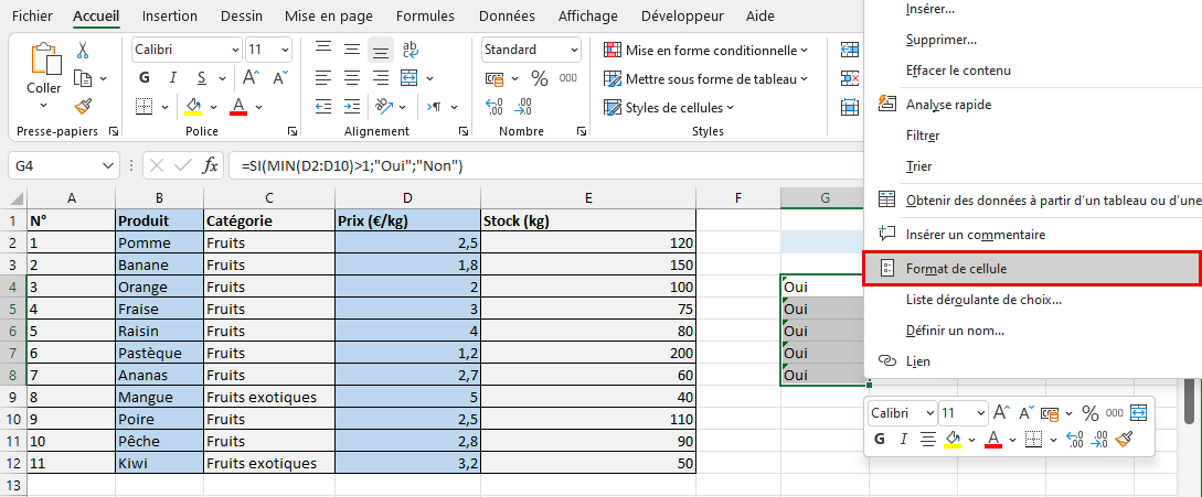 Format de cellule Excel