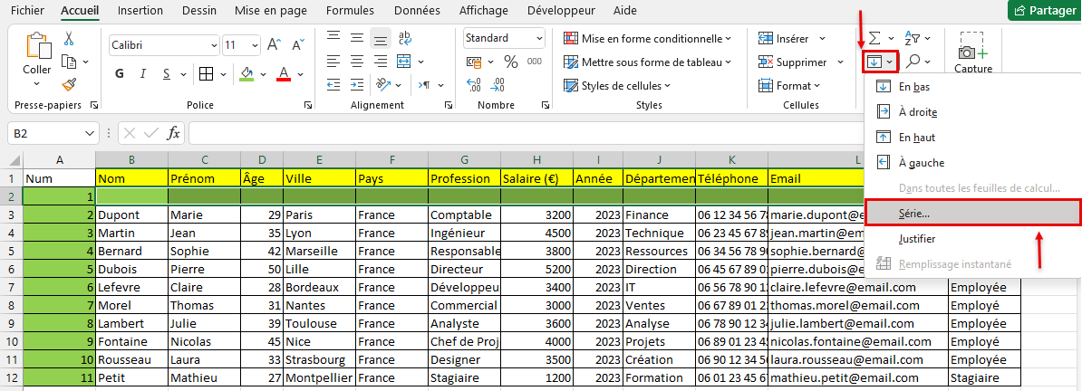 numéroter automatiquement les colonnes dans Excel 