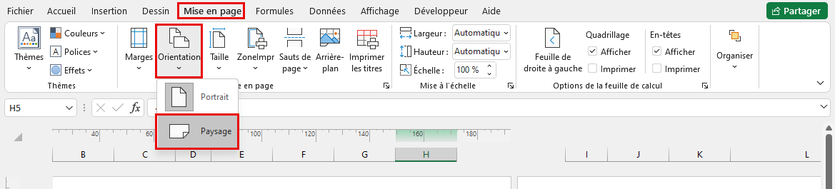 orientation paysage excel