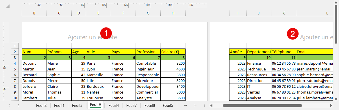 tableau se divise en deux pages